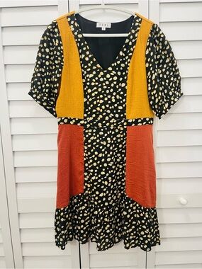 THML BOHO Black Rust & Golden Mustard Colorblock V-Neck Dress Size M